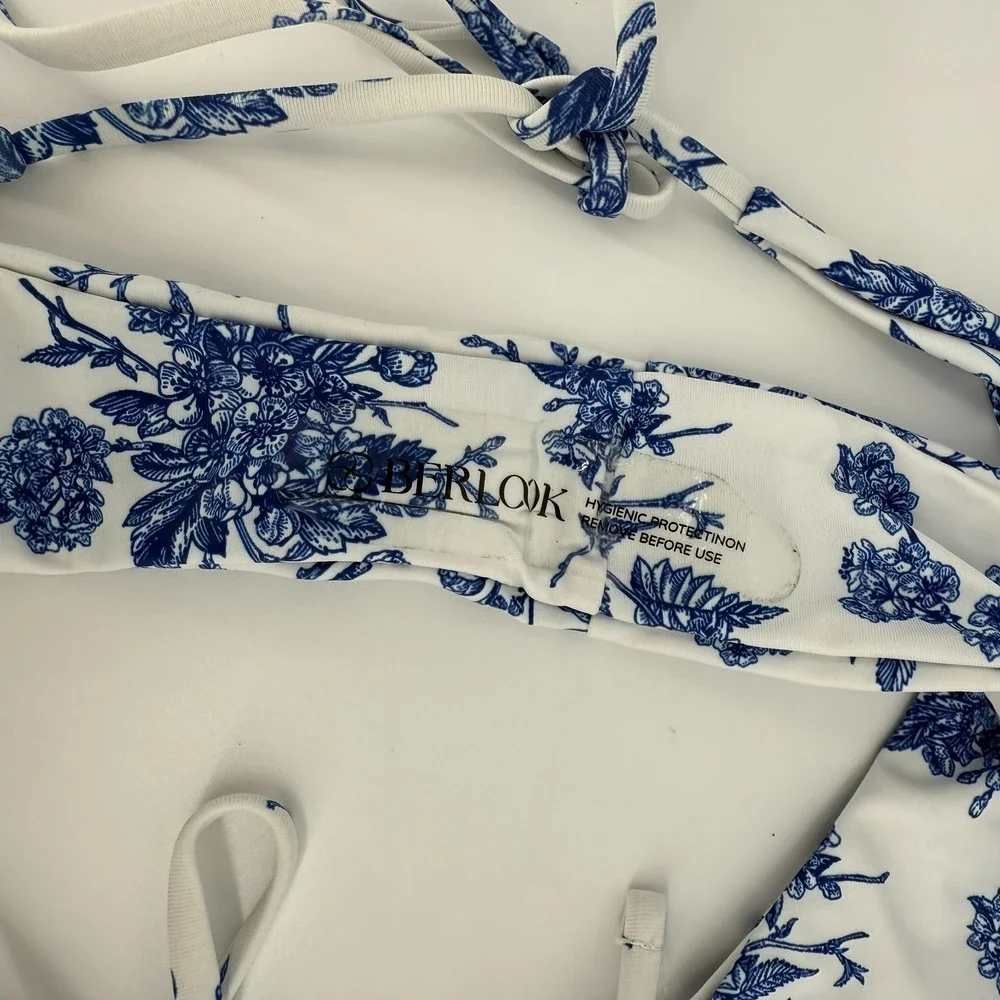 Berlook Blue Floral Bikini Bottom Small Cottagecore Coastal Chinoiserie Side Tie